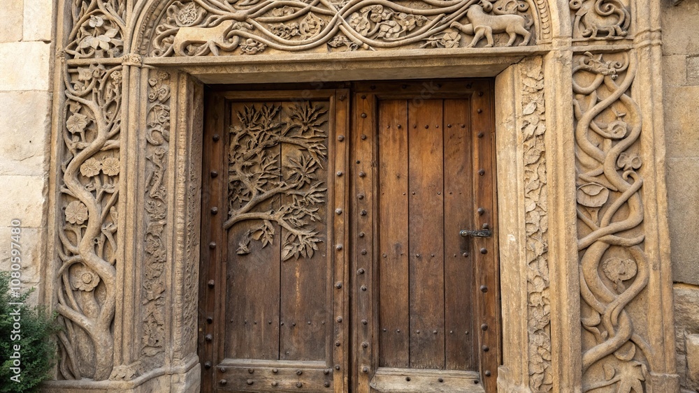 Ancient wooden door with intricate carvings of forest creatures and vines, foliage, mystical symbols Ancient wooden door with intricate carvings of forest creatures and vines, foliage, mystical symbols