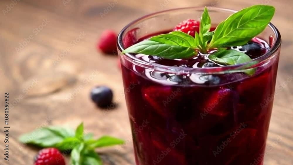 close-up of deep berry juice flowing into a glass with basil leaves on top and fresh berries around the glass, berry juice being poured into a glass with basil leaves and scattered berries on rustic close-up of deep berry juice flowing into a glass with basil leaves on top and fresh berries around the glass, berry juice being poured into a glass with basil leaves and scattered berries on rustic
