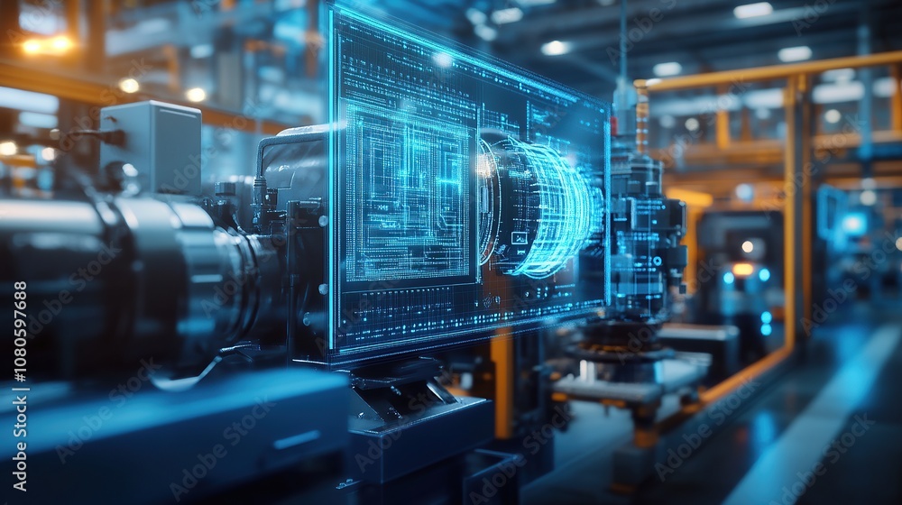 Futuristic industrial interface displaying data and technology in a factory setting. Futuristic industrial interface displaying data and technology in a factory setting.