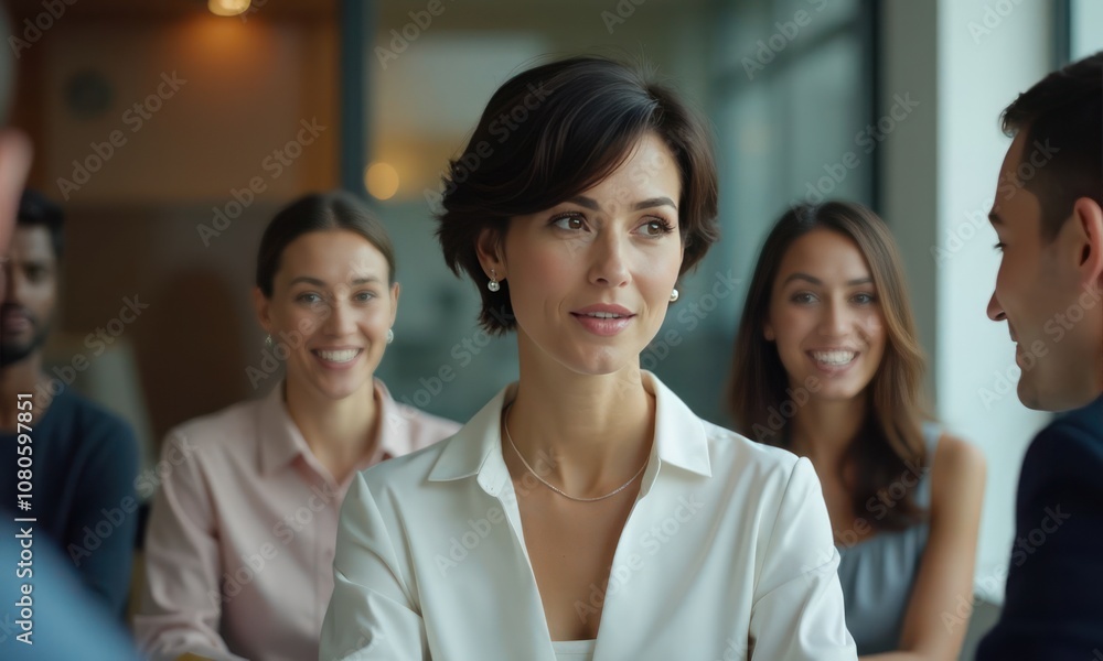 Business woman in business suit in front of group of people in office. She smiles and holds herself confidently Business woman in business suit in front of group of people in office. She smiles and holds herself confidently