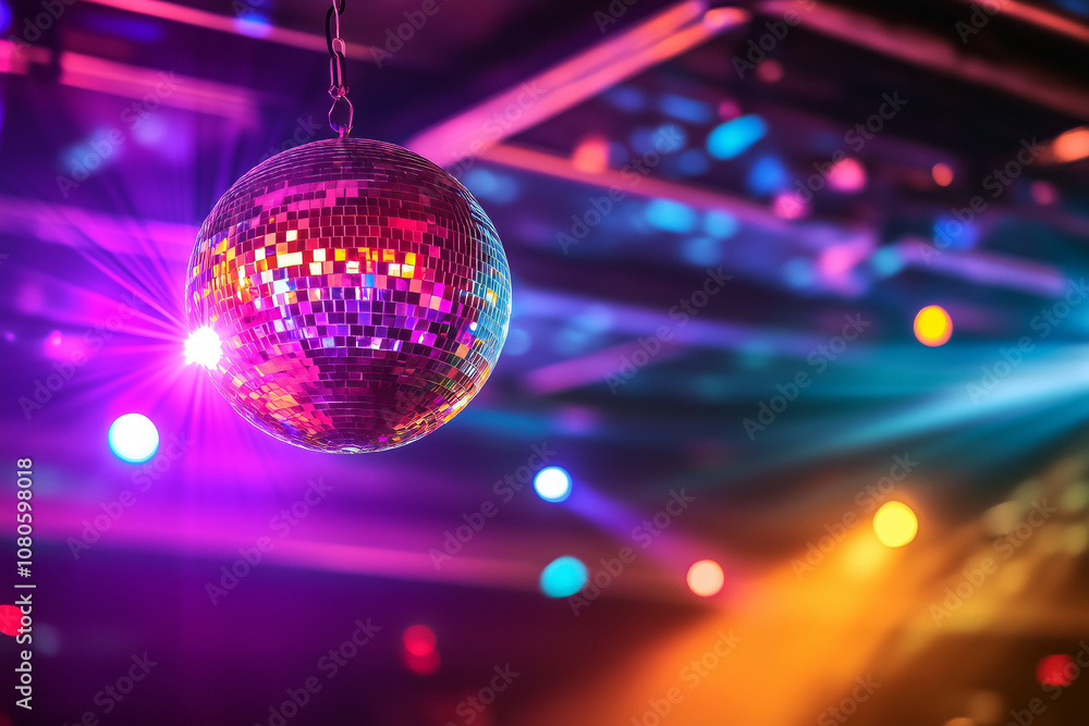 Fototapeta premium Disco ball hanging from the ceiling, casting rainbow reflections across a crowded dance floor in a retro nightclub.