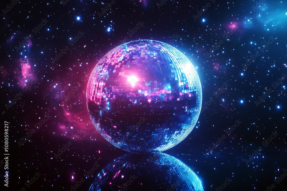 Disco ball shaped like a planet, rotating in space with galaxies and stars reflecting in its mirrored surface. Disco ball shaped like a planet, rotating in space with galaxies and stars reflecting in its mirrored surface.