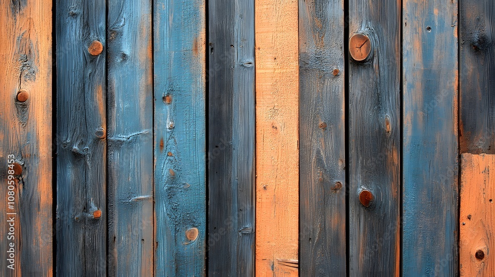 Weathered wooden planks create a rustic barn wall texture featuring multicolored vertical boards with blue, orange, and grey tones, showcasing natural grain patterns in shabby chic farmhouse style. Weathered wooden planks create a rustic barn wall texture featuring multicolored vertical boards with blue, orange, and grey tones, showcasing natural grain patterns in shabby chic farmhouse style.