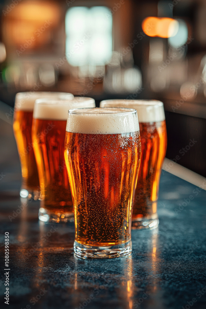 Four glasses of beer on a bar counter, showcasing golden hues and frothy tops, ideal for social gatherings and leisure themes. Four glasses of beer on a bar counter, showcasing golden hues and frothy tops, ideal for social gatherings and leisure themes.