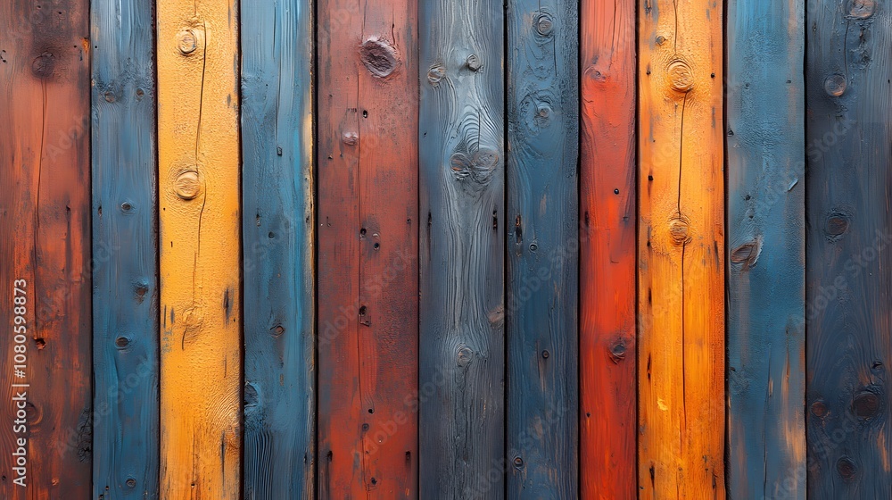Weathered wooden planks create a rustic barn wall texture featuring multicolored vertical boards with blue, orange, and grey tones, showcasing natural grain patterns in shabby chic farmhouse style. Weathered wooden planks create a rustic barn wall texture featuring multicolored vertical boards with blue, orange, and grey tones, showcasing natural grain patterns in shabby chic farmhouse style.
