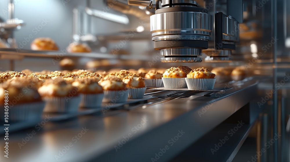 Industrial scene with robotic arms assembling cupcakes on a conveyor belt. Industrial scene with robotic arms assembling cupcakes on a conveyor belt.