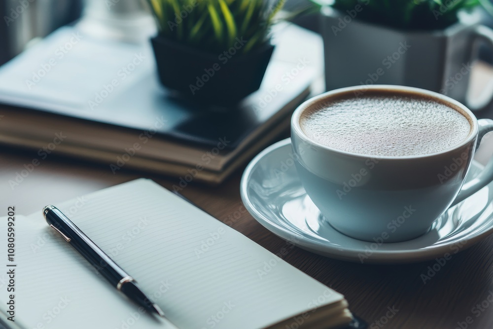 Minimalist workspace with tablet, coffee, notebook, and pen for productive ideas and inspiration Minimalist workspace with tablet, coffee, notebook, and pen for productive ideas and inspiration