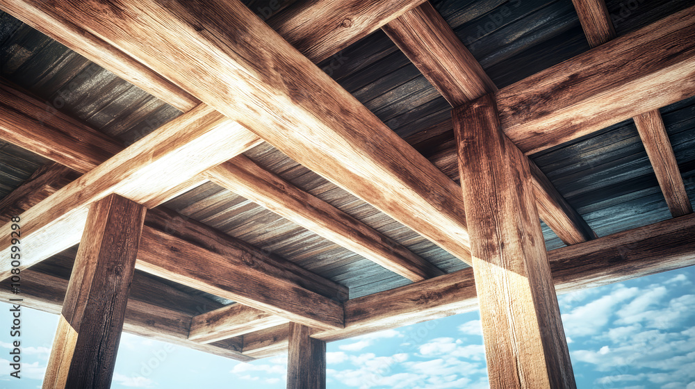 Obraz premium Close-up of wooden roof beams construction in a Tokyo-style house against a clear blue sky showcases modern rustic architecture