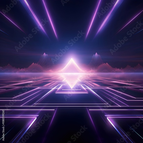 Abstract dark futuristic background. Ultraviolet neon light Background of empty stage show.