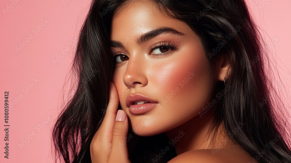 Young woman posing with soft lighting against a pink background Young woman posing with soft lighting against a pink background