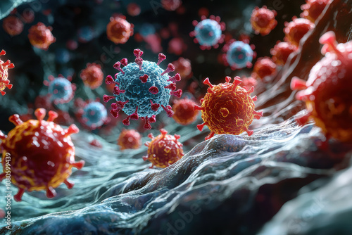 Detailed scientific illustration of viruses interacting with cells, showcasing their complex structure and function in a microscopic environment. photo