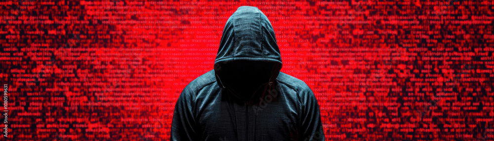 Mystery figure in a hoodie standing in front of a red digital background, symbolizing anonymity and cyber themes. Mystery figure in a hoodie standing in front of a red digital background, symbolizing anonymity and cyber themes.