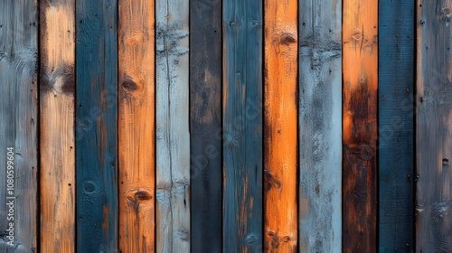 Weathered wooden planks create a rustic barn wall texture featuring multicolored vertical boards with blue, orange, and grey tones, showcasing natural grain patterns in shabby chic farmhouse style.