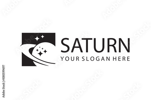 monochrome design of planet saturn with stars isolated on white background