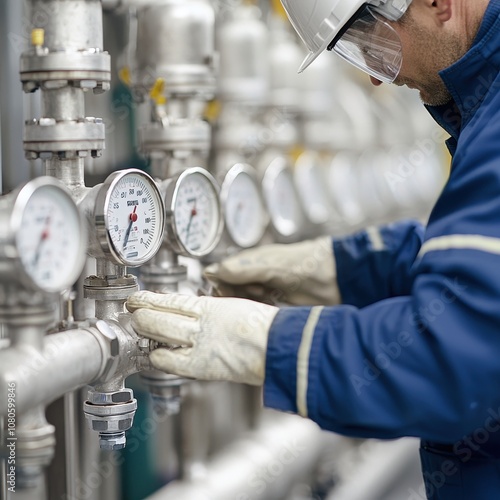 Technician in safety gear inspecting high-pressure process piping system with multiple pressure gauges and relief valves photo