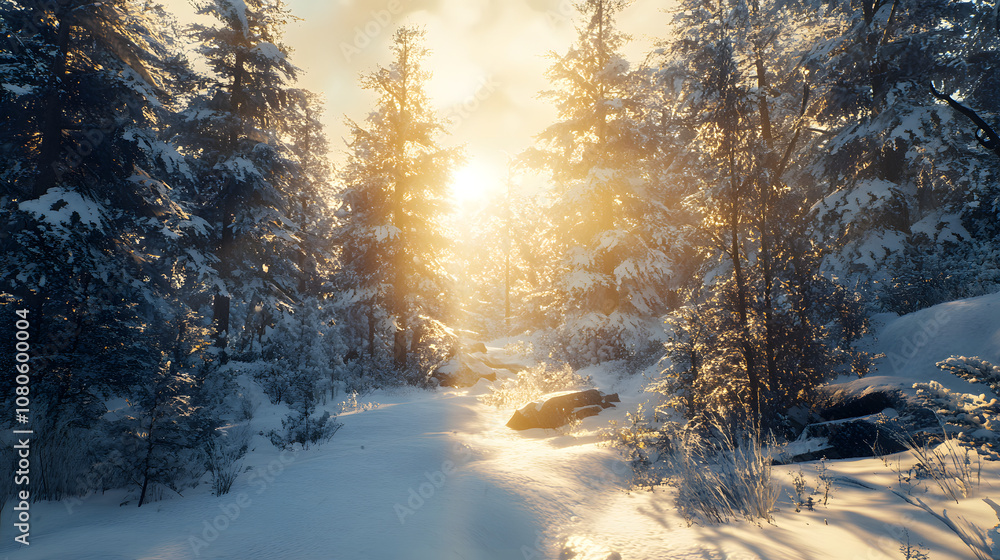 Naklejka premium Forest with snow-covered trees and sunlight filtering through, peaceful winter scene 