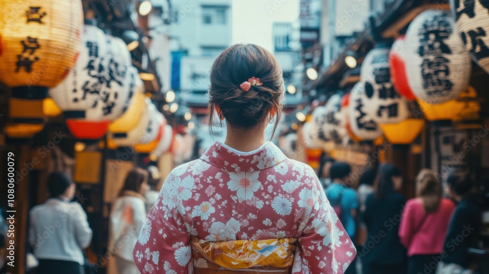 A woman in traditional attire explores a vibrant market street at dusk A woman in traditional attire explores a vibrant market street at dusk