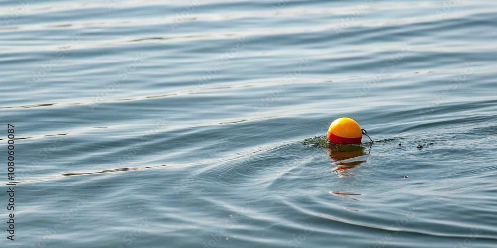 Floating on the water surface, a small, vibrant yellow-orange fishing float remains steady with gentle ripples around it, outdoor recreation, fishing floats Floating on the water surface, a small, vibrant yellow-orange fishing float remains steady with gentle ripples around it, outdoor recreation, fishing floats