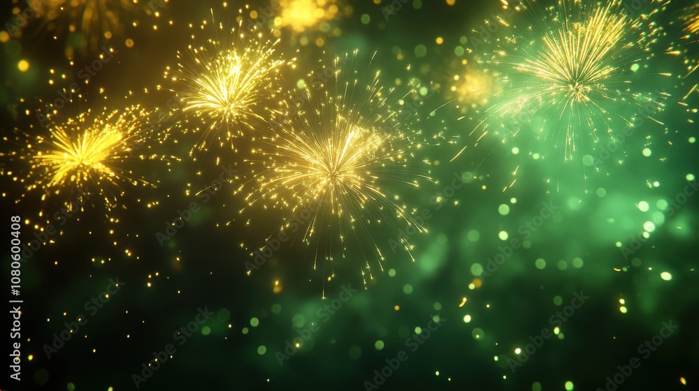 Fototapeta premium Bright green and gold fireworks on a dark sky, leaving ample space for copy at the bottom.
