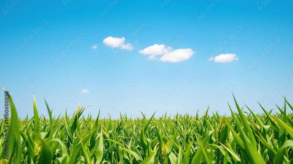 Fototapeta premium A lush and vibrant field of green corn stretches out towards the horizon under a brilliant blue sky with just a few puffy white clouds floating by, outdoor scenes, rural landscape