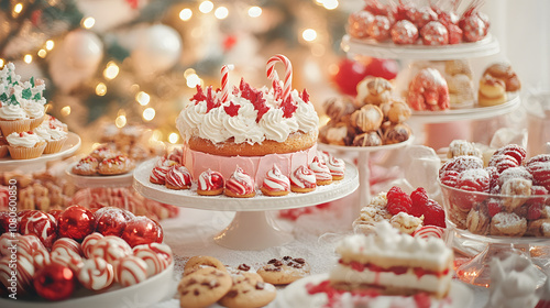  Holiday dessert table with cakes, cookies, and candies, bright 