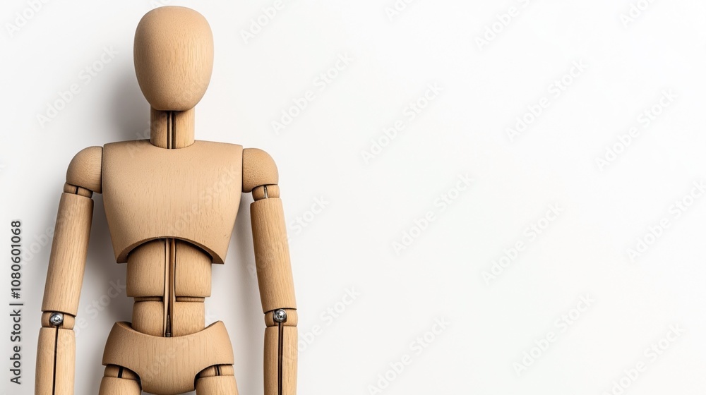 Wooden artist's mannequin with articulated joints against a neutral background, used for drawing and modeling by artists Wooden artist's mannequin with articulated joints against a neutral background, used for drawing and modeling by artists
