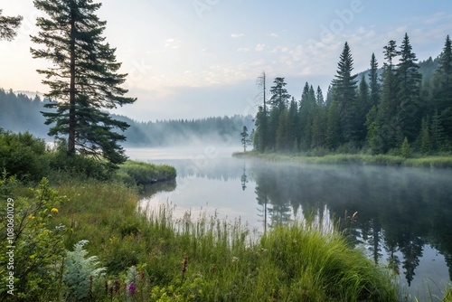 A tranquil lake with a misty atmosphere surrounding it, surrounded by tall trees and lush vegetation, misty morning, gentle atmosphere, serene atmosphere, calming effects