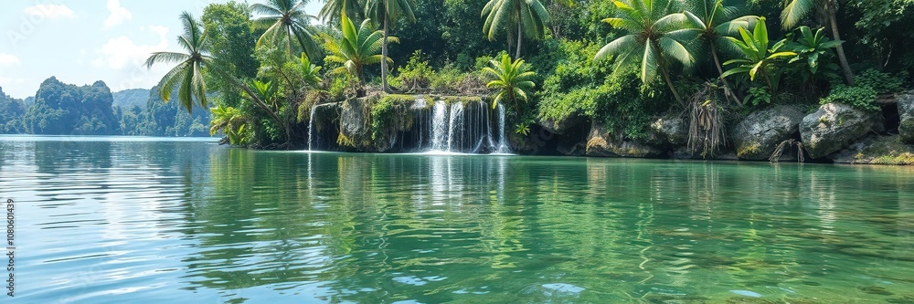 Freshwater lake with a submerged waterfall and tropical vegetation, peaceful environment, freshwater lake, aquatic ecosystem Freshwater lake with a submerged waterfall and tropical vegetation, peaceful environment, freshwater lake, aquatic ecosystem