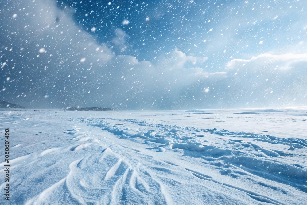 Obraz premium Heavy snowfall scene with swirling white and blue patterns, cold climate, winter storm, blizzard background wallpaper, snow globe