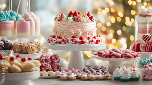  Holiday dessert table with cakes, cookies, and candies,