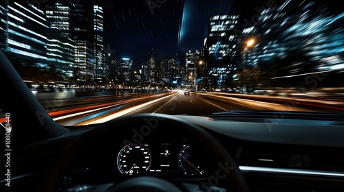 Nighttime city drive with blurred lights and dashboard view.