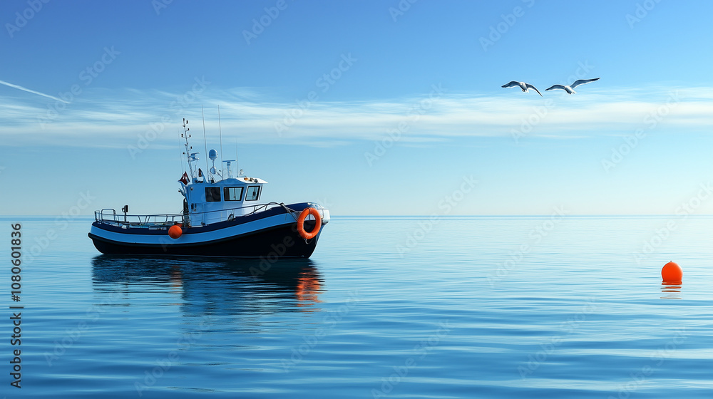 Rescue boat on tranquil waters with life buoy, prepared for action, surrounded by serene blue sea and distant horizon, with seagulls flying overhead. Rescue boat on tranquil waters with life buoy, prepared for action, surrounded by serene blue sea and distant horizon, with seagulls flying overhead.