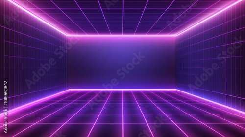 Futuristic neon grid room with glowing edges.