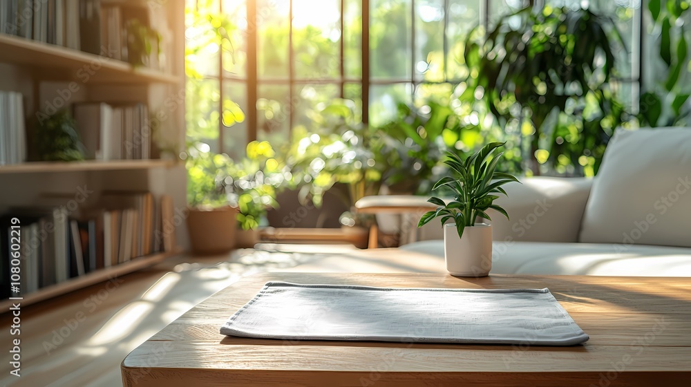 Indoor wooden table and plant poster background with Generative Indoor wooden table and plant poster background with Generative