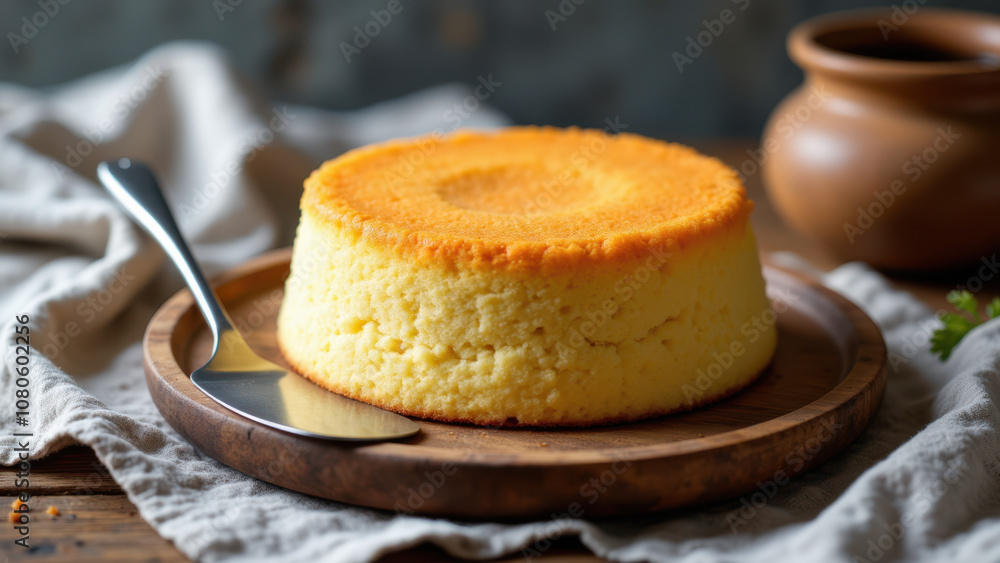 A delicious-looking baked Kunafa dessert with a golden brown crust on a wooden serving board. A delicious-looking baked Kunafa dessert with a golden brown crust on a wooden serving board.