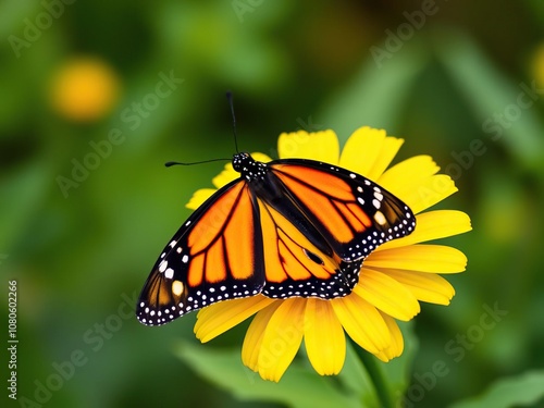 A beautiful monarch butterfly sits on a bright yellow flower, its wings spread wide, wing, insect