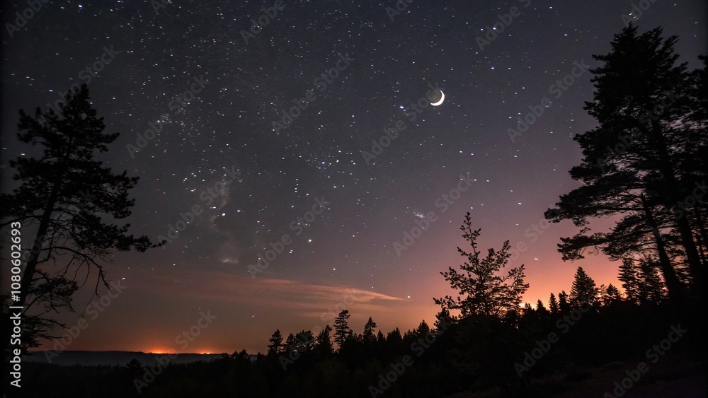 Black crimson night sky with a faint glow of stars and a crescent moon, lunar light, nighttime atmosphere Black crimson night sky with a faint glow of stars and a crescent moon, lunar light, nighttime atmosphere