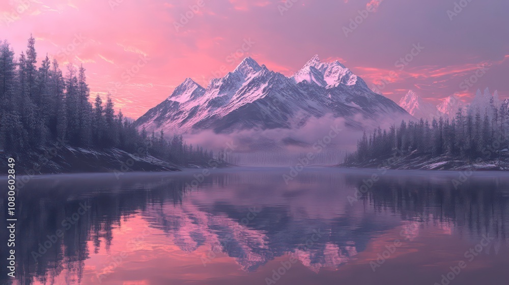 A serene mountain lake with snow-capped peaks reflected in the still water at sunset. A serene mountain lake with snow-capped peaks reflected in the still water at sunset.