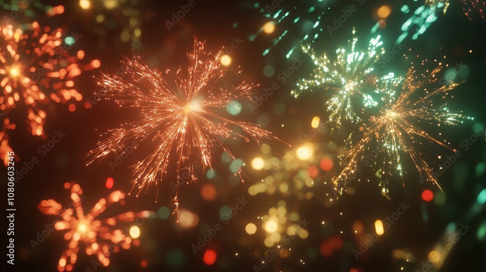 Obraz premium Bright multicolored fireworks in the night sky, with space for writing at the bottom.