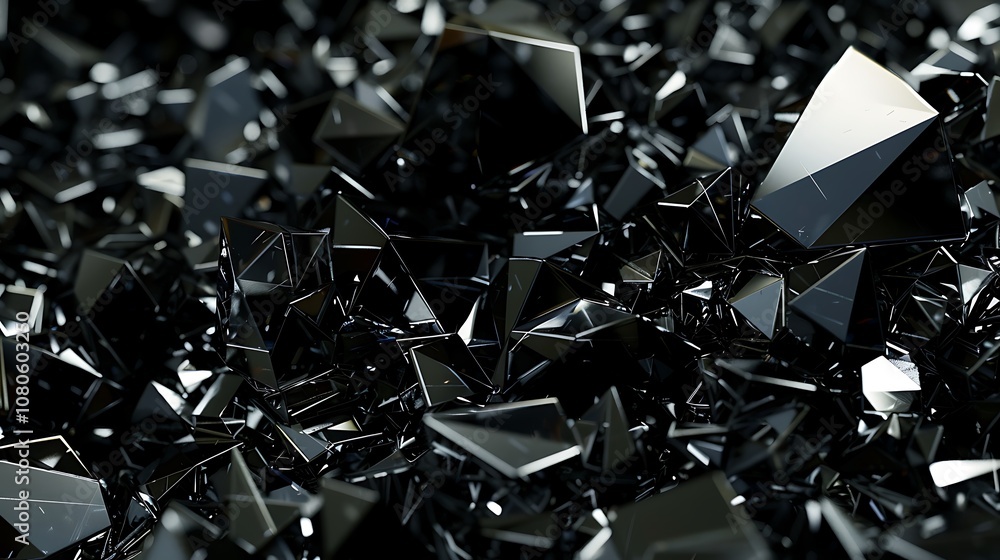A detailed view of shiny black crystalline structures scattered across a surface. A detailed view of shiny black crystalline structures scattered across a surface.