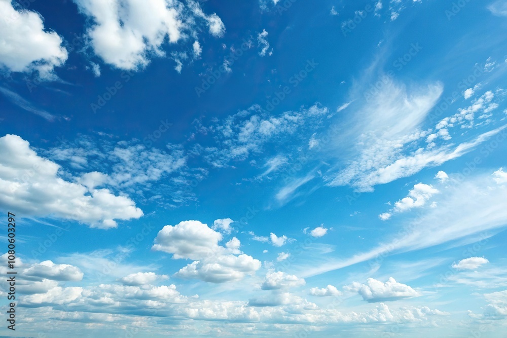 Soft focus on a bright blue sky with scattered white stripes of clouds in every direction, expansive scene, aerial photography, wide-angle shot, blue sky, weather conditions Soft focus on a bright blue sky with scattered white stripes of clouds in every direction, expansive scene, aerial photography, wide-angle shot, blue sky, weather conditions