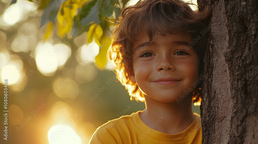 A young boy in yellow t-shirt embraces a tree during golden hour, capturing childhood's connection with nature amid green leaves with soft natural lighting and bokeh effects. A young boy in yellow t-shirt embraces a tree during golden hour, capturing childhood's connection with nature amid green leaves with soft natural lighting and bokeh effects.