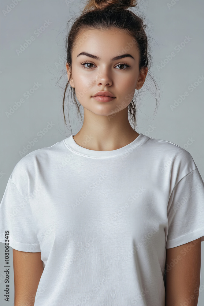 Stylish Woman in White T-Shirt with Messy Bun, Casual Beauty and Natural Look for Fashion and Lifestyle Concepts Stylish Woman in White T-Shirt with Messy Bun, Casual Beauty and Natural Look for Fashion and Lifestyle Concepts