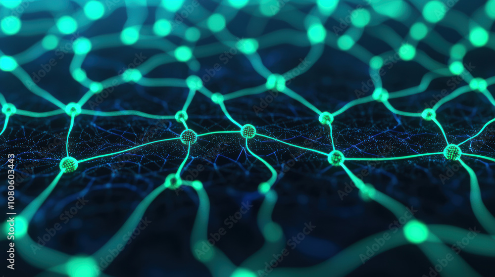 Obraz premium Abstract digital network with glowing nodes and interconnected lines, representing data flow and connectivity in technology and innovation.