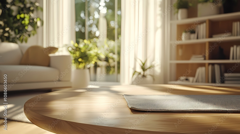 Fototapeta premium Indoor wooden table and plant poster background with Generative