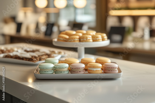 A tray of macarons, colorful shells, delicate filling, smooth texture, glossy finish, bright ambient lighting, in a modern pastry shop