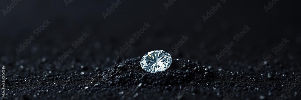 A single diamond nestled in a bed of black silver dust, radiating light from within, against a dark metallic background, precious gemstone, sparkle A single diamond nestled in a bed of black silver dust, radiating light from within, against a dark metallic background, precious gemstone, sparkle