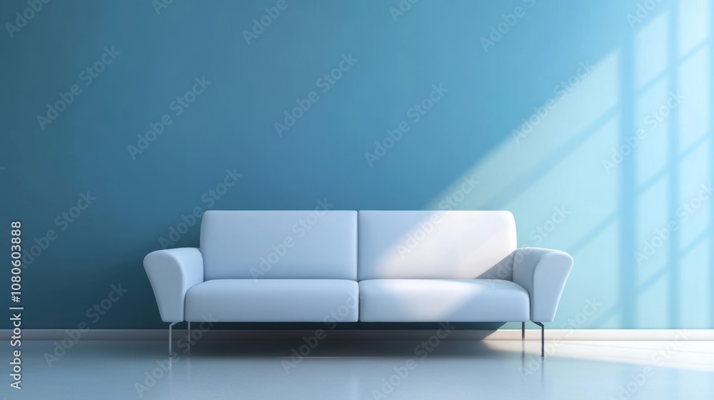 White Sofa in a Room with a Blue Wall and a Window Shadow White Sofa in a Room with a Blue Wall and a Window Shadow