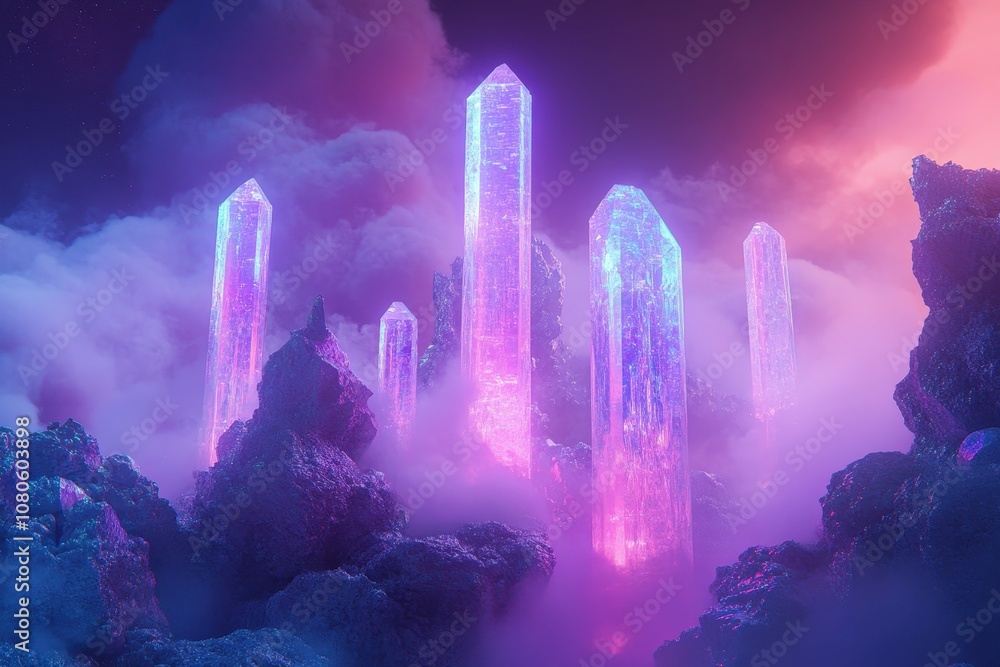 Glowing Crystal Towers in a Purple and Pink Foggy Landscape Glowing Crystal Towers in a Purple and Pink Foggy Landscape