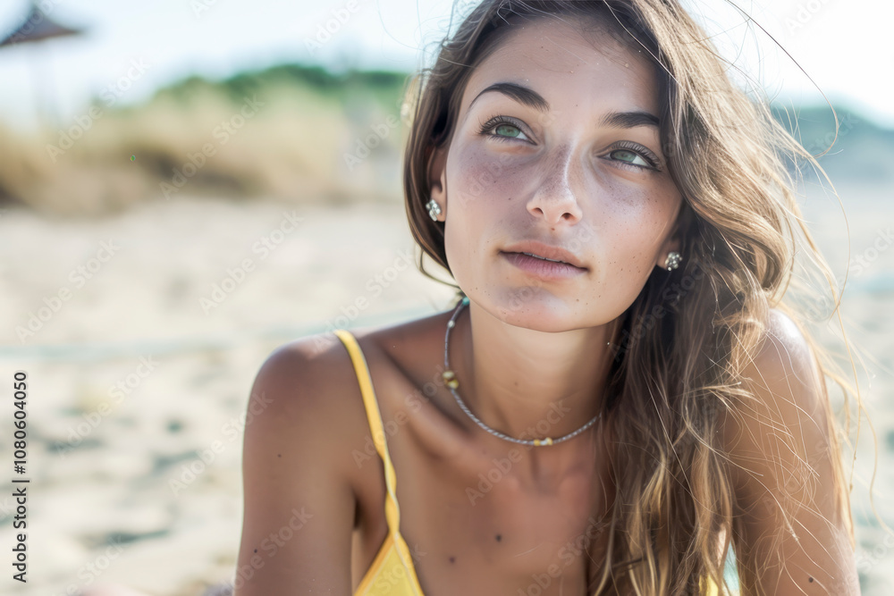 Young woman with thoughtful expression enjoying a sunny day at the beach. Young woman with thoughtful expression enjoying a sunny day at the beach.